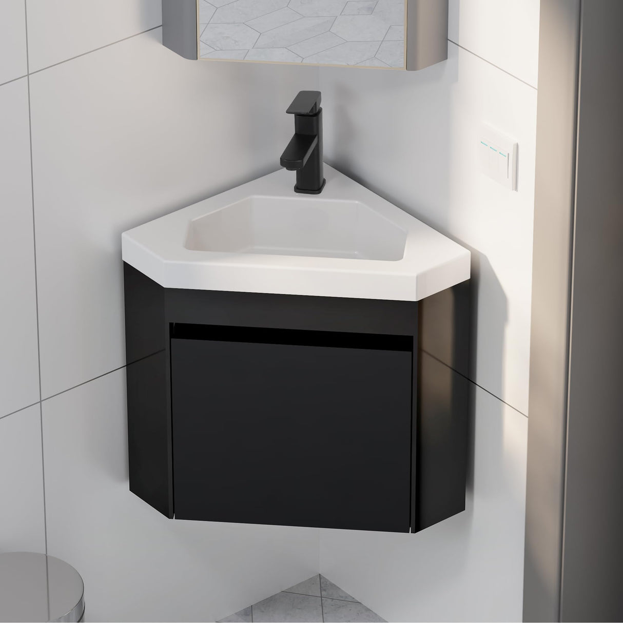 eclife 22" Corner Bathroom Vanity Sink Combo for Small Space Wall Mounted Floating Cabinet with White Resin Sink and Matte Black Faucet, Black eclife