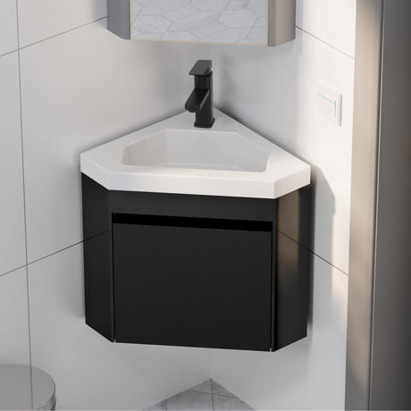 eclife 22" Corner Bathroom Vanity Sink Combo for Small Space Wall Mounted Floating Cabinet with White Resin Sink and Matte Black Faucet, Black eclife