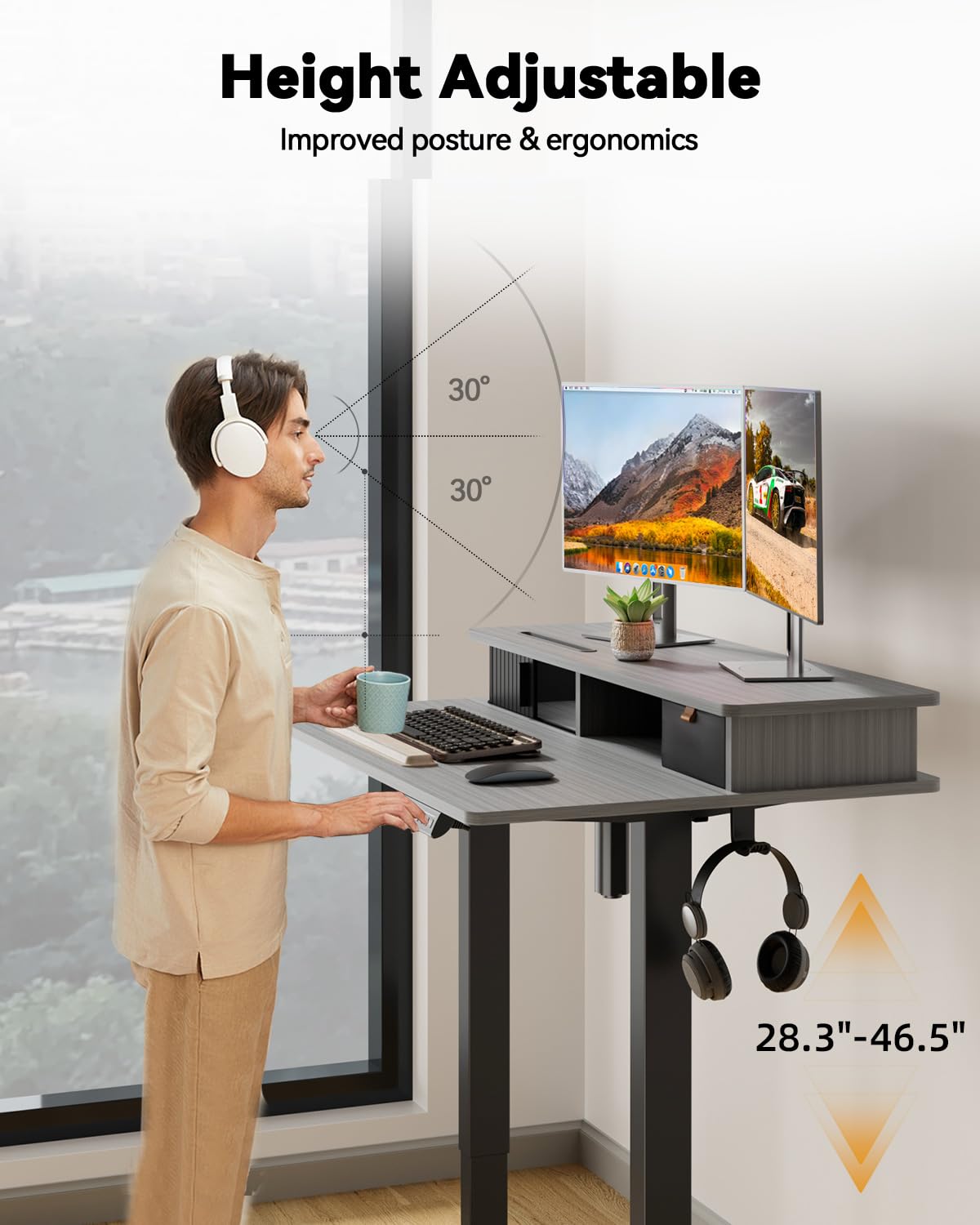 JOY worker Small Electric Standing Desk, 35" x 25" Height Adjustable Table with Built-in Monitor Stand & Storage Drawer, Grey Sit Stand Desk with 2 Hooks for Home Office JOY worker