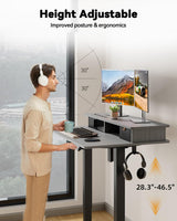 JOY worker Small Electric Standing Desk, 35" x 25" Height Adjustable Table with Built-in Monitor Stand & Storage Drawer, Grey Sit Stand Desk with 2 Hooks for Home Office JOY worker