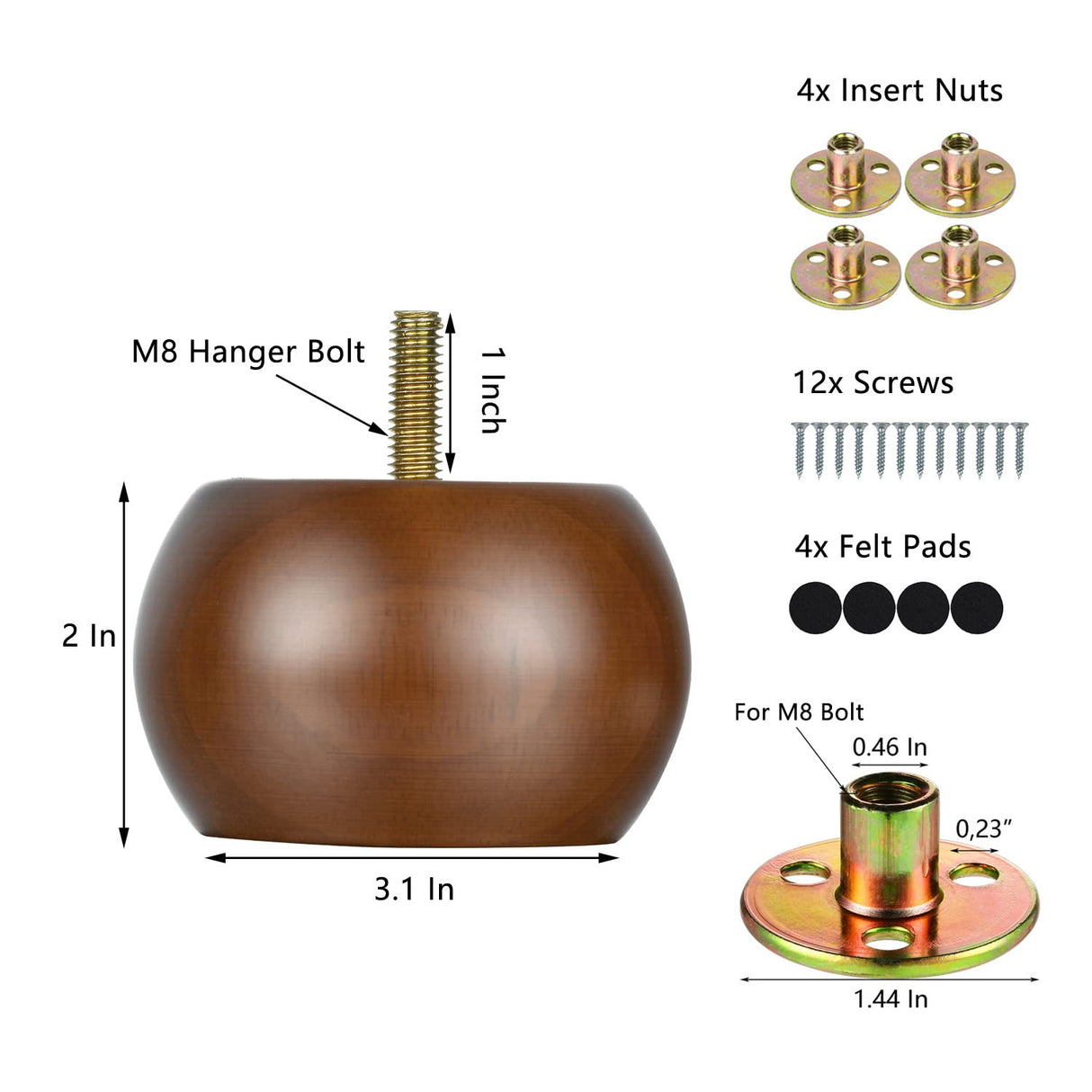 Maricome 2 Inch Bun Furniture Feet Walnut Round Solid Wooden Ottoman/Couch/Sofa Legs Set of 4 Pre-drilled M8 Bolt with Metal Brackets Maricome