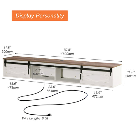 WAMPAT Floating TV Stand for TVs up to 80 Inch, Wood Floating Entertainment Center with Sliding Barn Door, Floating TV Shelf for Living Room, Bedroom, Antique White WAMPAT