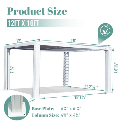 Domi Louvered Pergola 12'x16' Sun Shade Outdoor Aluminum Rainproof Pergola with Adjustable Roof for Backyard Garden Deck (White)