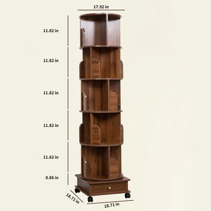 360-Degree Rotating Wooden Bookshelf Tower with Wheels and Storage Drawers - WoodArtSupply