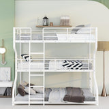JIJIWANG Full XL Over Twin XL Over Queen Size Triple Bunk Bed with Long and Short Ladder, Unique Curved Metal Frame with Safety Guardrail, Industrial Style Triple Bunk Bed Frame, White JIJIWANG