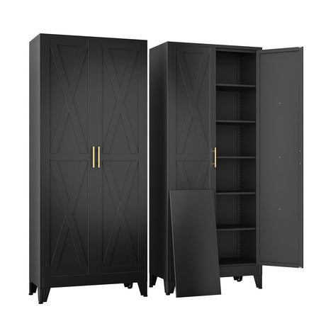 75" Tall Metal Kitchen Pantry Storage Cabinet with 2 Doors and 5 Adjustable Shelves, White Food Freestanding Cupboard for Kitchen, Dining Room, Bathroom and Garage (Black) pozdeg