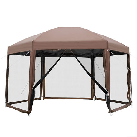 PayLessHere 13x13ft Hexagonal Gazebo Party Tent Pop Up Gazebo Screen House with Mosquito Netting Carry Bag Waterproof Easy Set up and Adjustable Height Portable for Camping Outdoor Patio, Brown PayLessHere