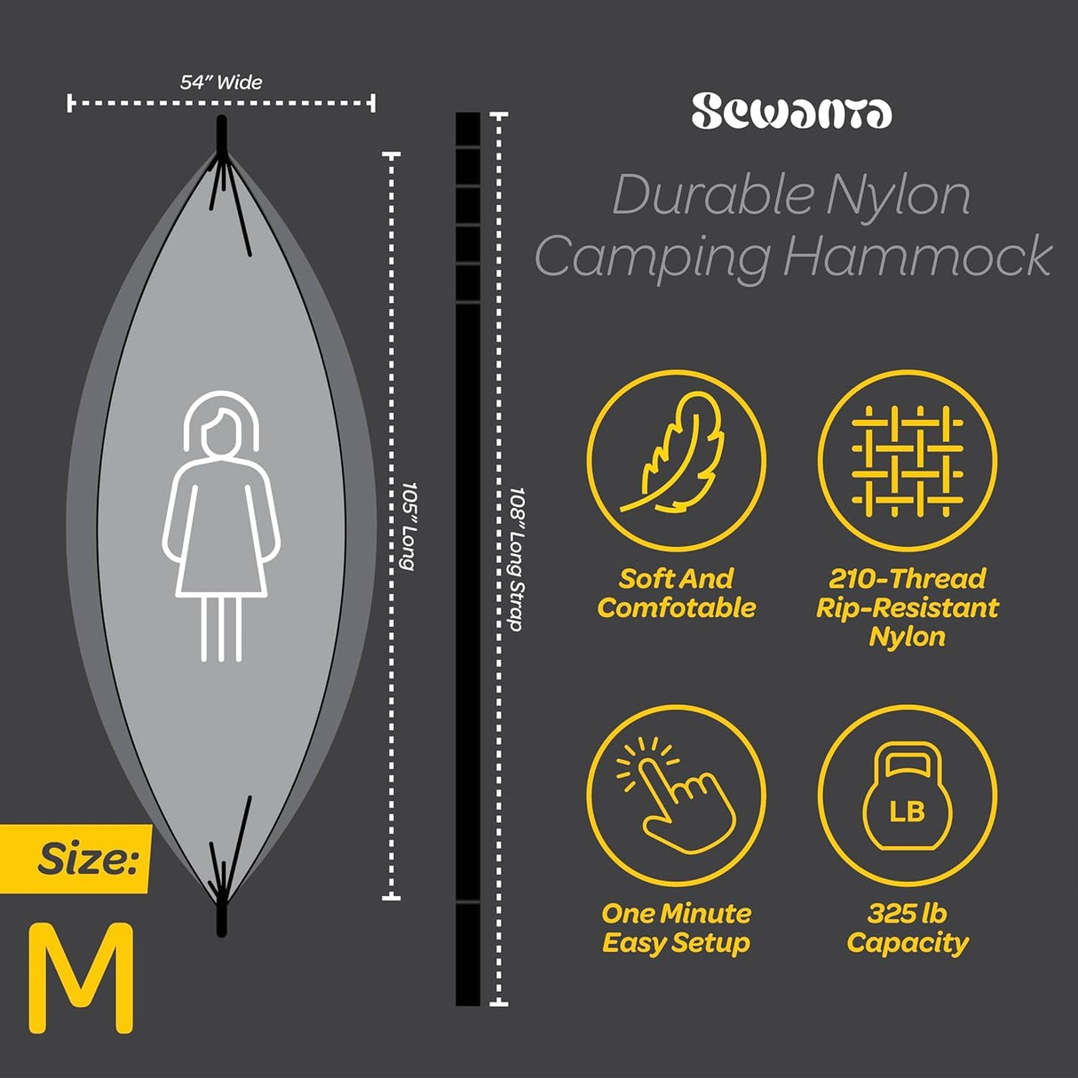 Durable Hammock 400 lb Capacity, Nylon Camping Hammock Chair - Double or Single Sizes w/Tree Straps and Attached Carry Bag - Portable for Travel/Backpacking/Beach/Backyard (Medium, Blue & Light Blue) SEWANTA