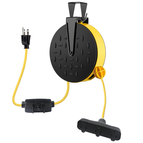 HONDERSON 30 Ft Retractable Extension Cord Reel with 3 Electrical Power Outlets - 16/3 SJTW Power Cord,10 AMP Circuit Breaker - Ceiling or Wall Mount for Garage,UL Listed,Yellow HONDERSON