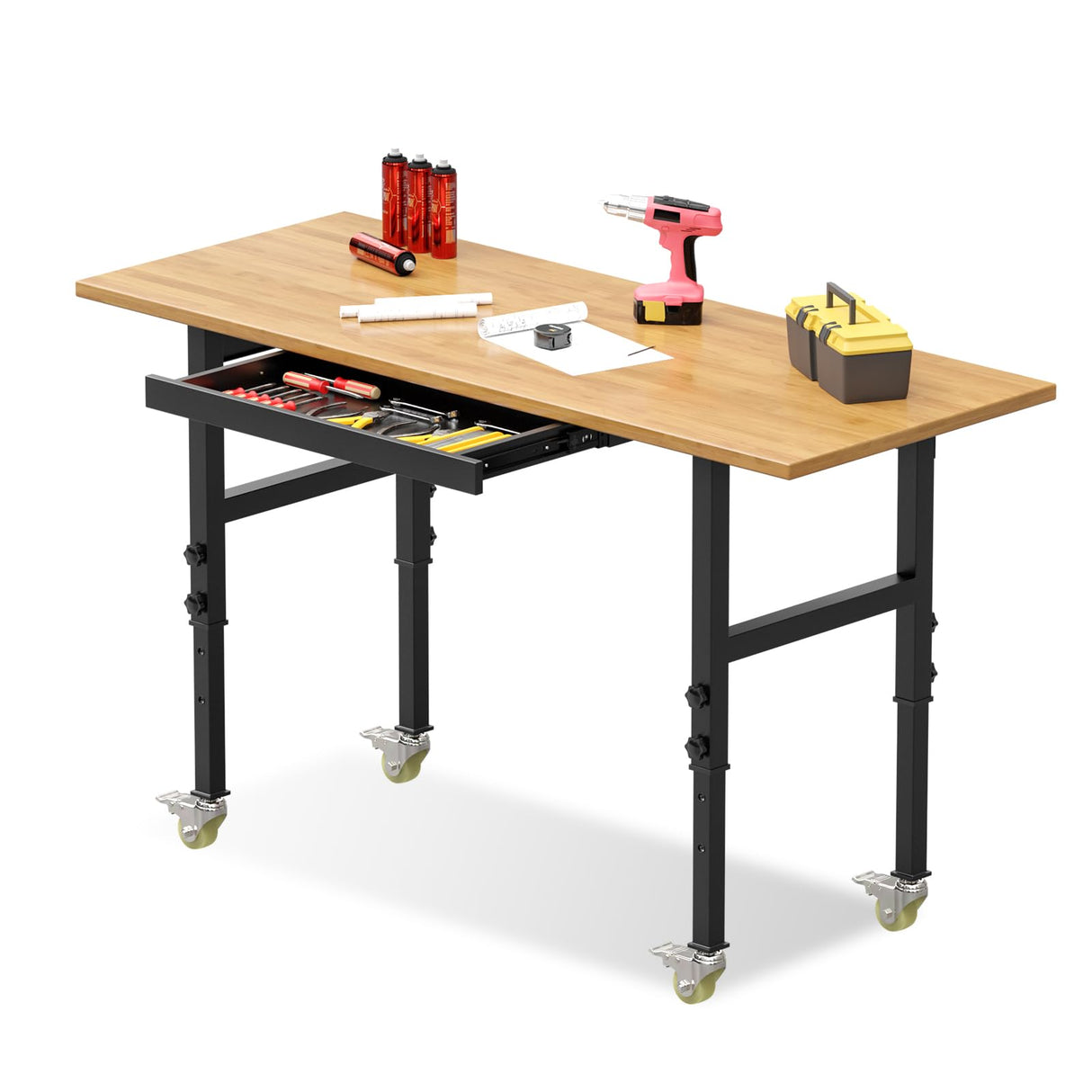 60" Adjustable Heavy Duty Work Bench with Drawers, Rubber Wood Top Workbench, Rolling Worktable with Power Outlet and Wheels, 2200 Lbs Capacity Hardwood Workstation for Garage, Workshop, Office, Home OAKANDO