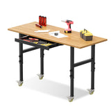 60" Adjustable Heavy Duty Work Bench with Drawers, Rubber Wood Top Workbench, Rolling Worktable with Power Outlet and Wheels, 2200 Lbs Capacity Hardwood Workstation for Garage, Workshop, Office, Home OAKANDO