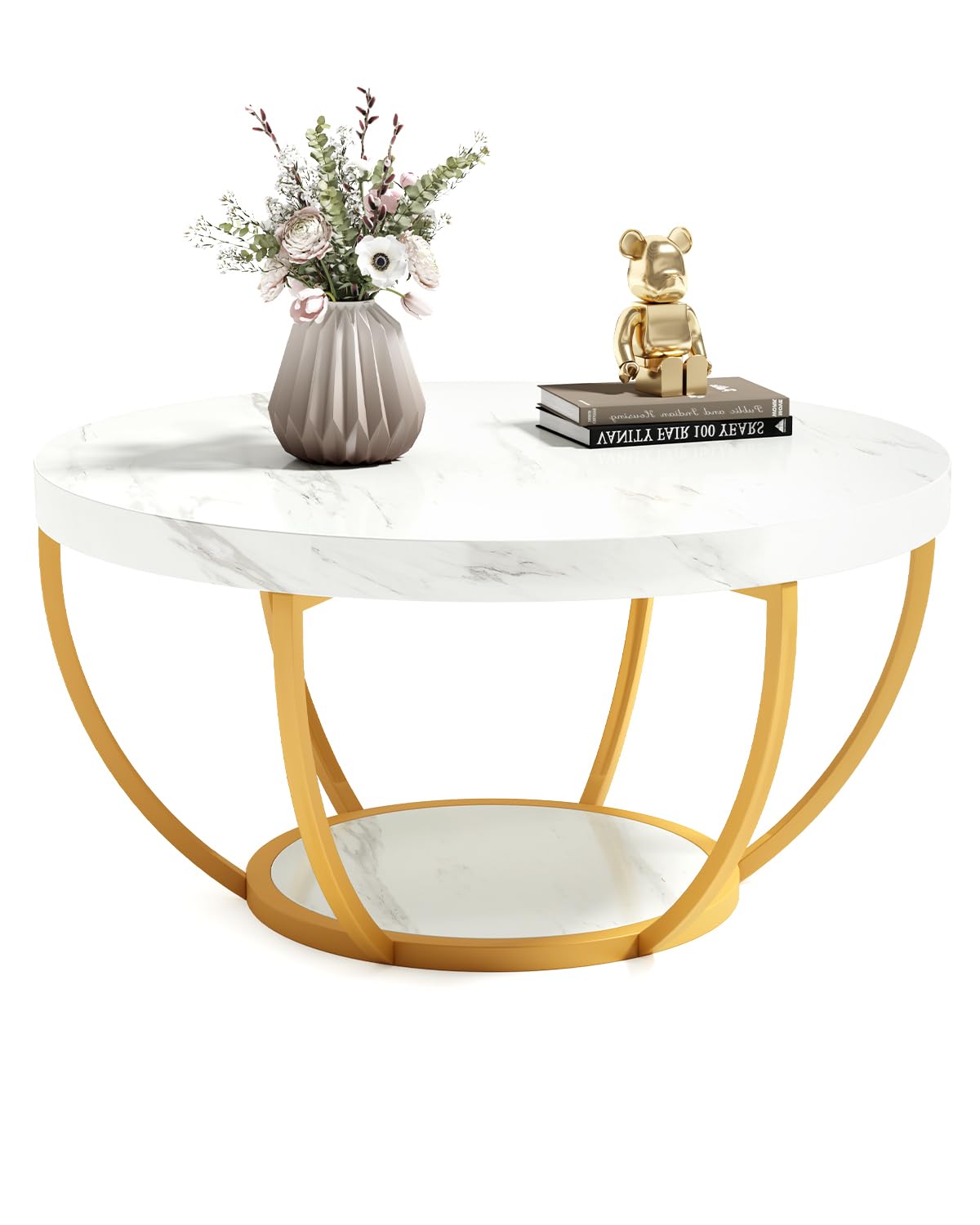 LITTLE TREE Round Coffee Table, 32" Circle Faux Marble Coffee Tables for Living Room, 2-Tier Golden Metal Legs Accent Center Table with Open Storage Modern Design Home Furniture (White and Gold) LITTLE TREE