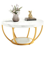 LITTLE TREE Round Coffee Table, 32" Circle Faux Marble Coffee Tables for Living Room, 2-Tier Golden Metal Legs Accent Center Table with Open Storage Modern Design Home Furniture (White and Gold) LITTLE TREE