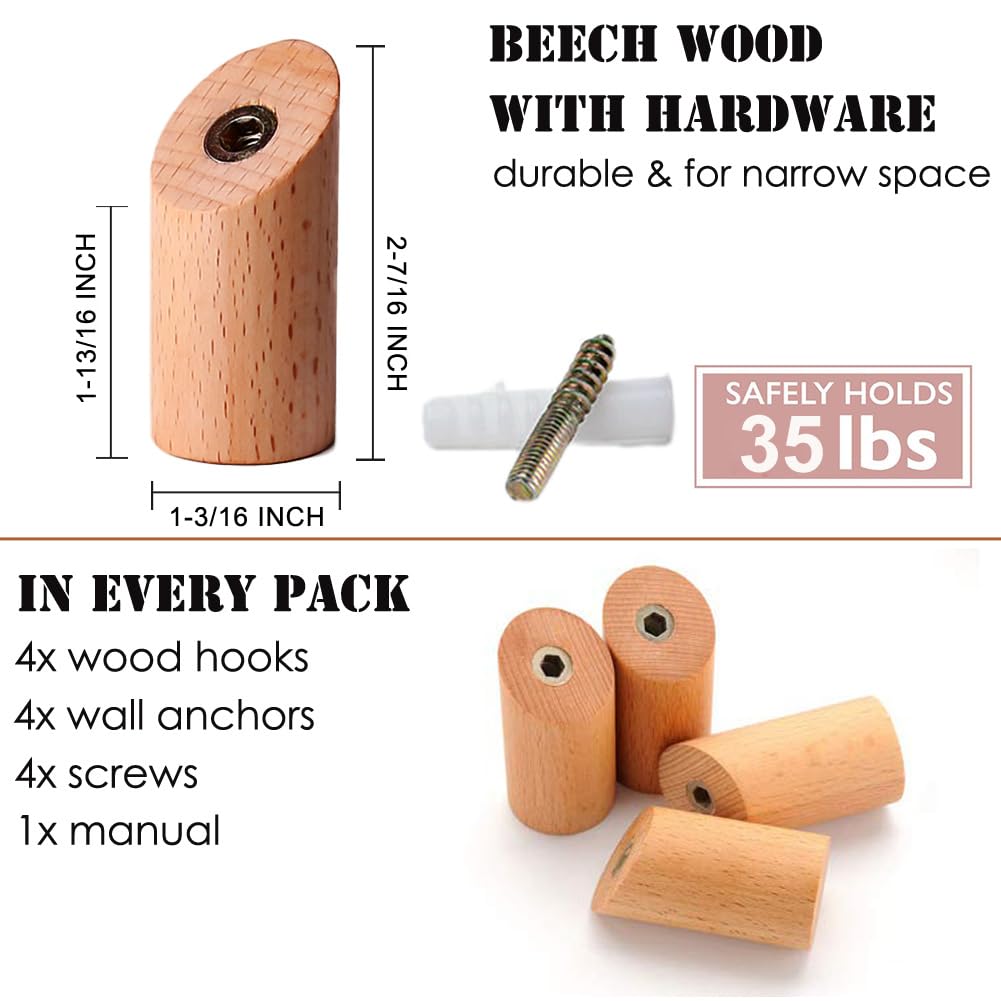 Felidio Wood Wall Hooks, 4 Pack Coat Hooks Mounted Rustic Wooden Heavy Duty Robe Hook Hat Rack | for Hanging Bathroom Towels Clothes Hanger (Beech Wood) Felidio