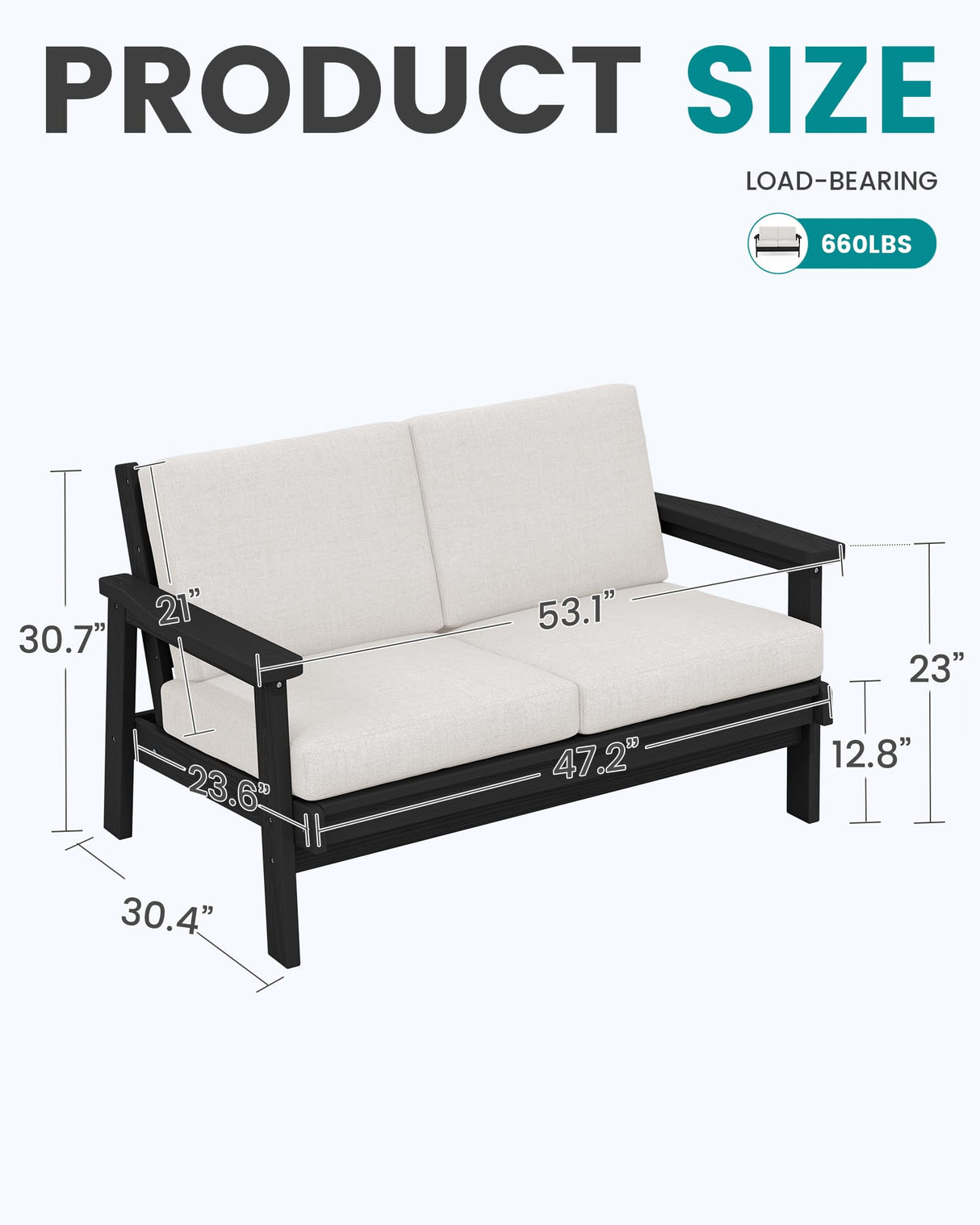 SERWALL HDPE Outdoor Patio Loveseat, Black Frame and Khaki Cushion SERWALL