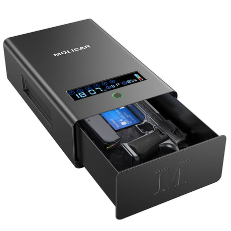 MOLICAR Gun Safe for Handgun, Alarm Clock Biometric Pistol Safe Fingerprint Handgun Safe with Touchscreen Keypad LCD of Temp, Humidity, 3 Ways Quick Access Slide Away Bedside Gun Safe for Nightstand MOLICAR