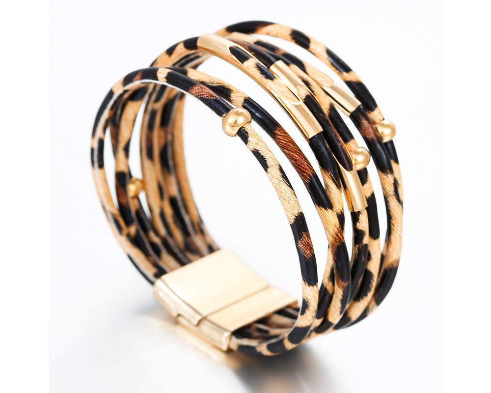Fesciory Leather Wrap Bracelets for Women, Boho Leopard Multi-Layer Crystal Beads Cuff Bracelet Jewelry (Brown Leopard) Fesciory
