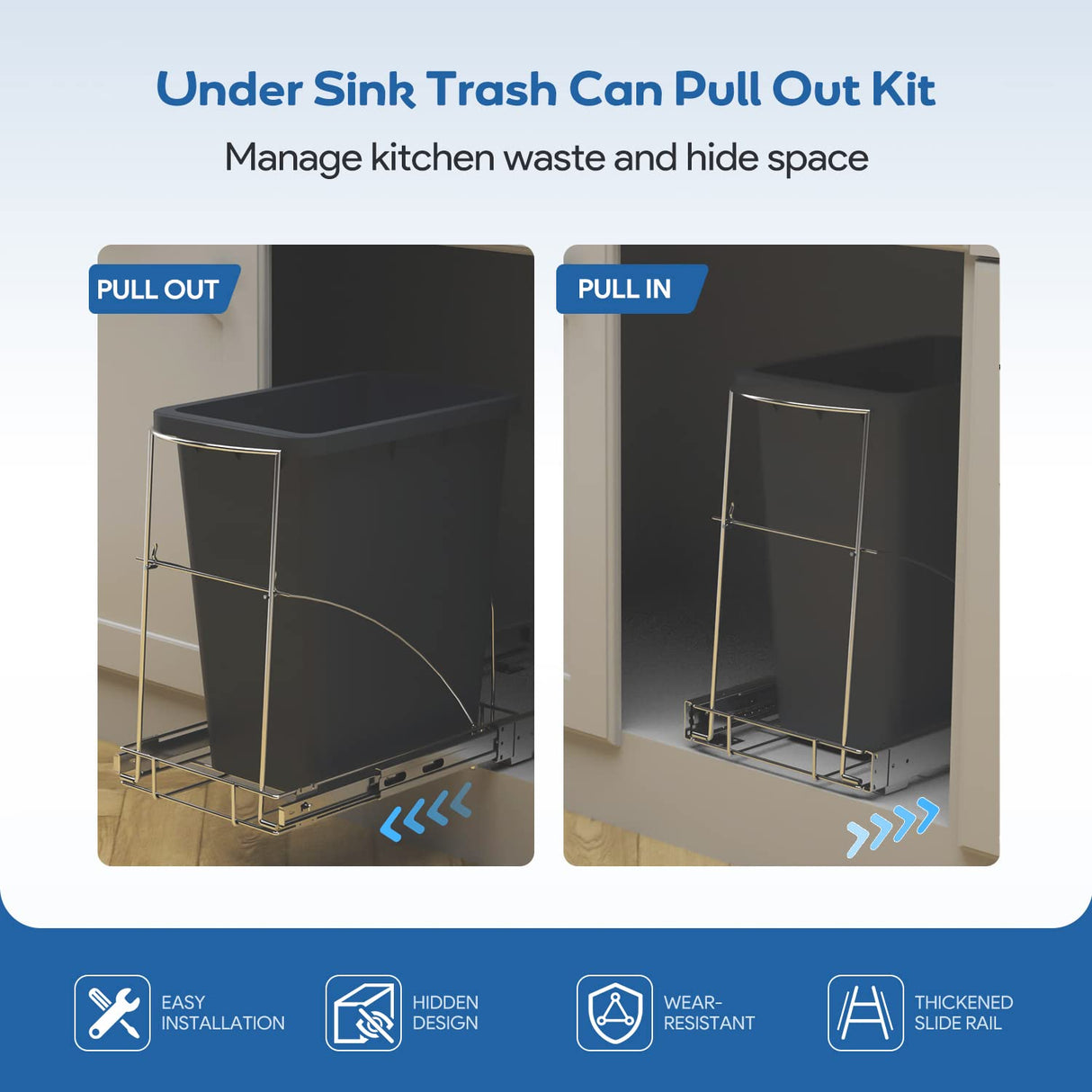 Pull Out Trash Can Under Cabinet & Under Sink - Heavy Duty Sliding Adjustable Cabinet Garbage Can Organizer, Requires Minimum Cabinets Opening 13" W X 18" D,Chrome Finish (Waste Bin Not Included) Tanamu