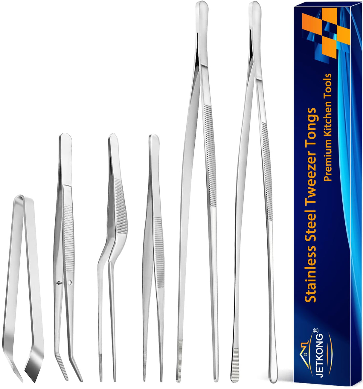JETKONG 6 Pcs Cooking Tweezer Tongs, 12'' and 6.3" Stainless Steel Kitchen Tweezer Set, Professional Chef Tweezers for Cooking, Repairing, Sea Food, BBQ, Multi-use JETKONG