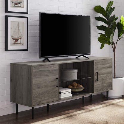 Walker Edison Saxon Mid Century Modern Glass Shelf TV Stand for TVs up to 65 Inches, 60 Inch, Slate Grey - WoodArtSupply