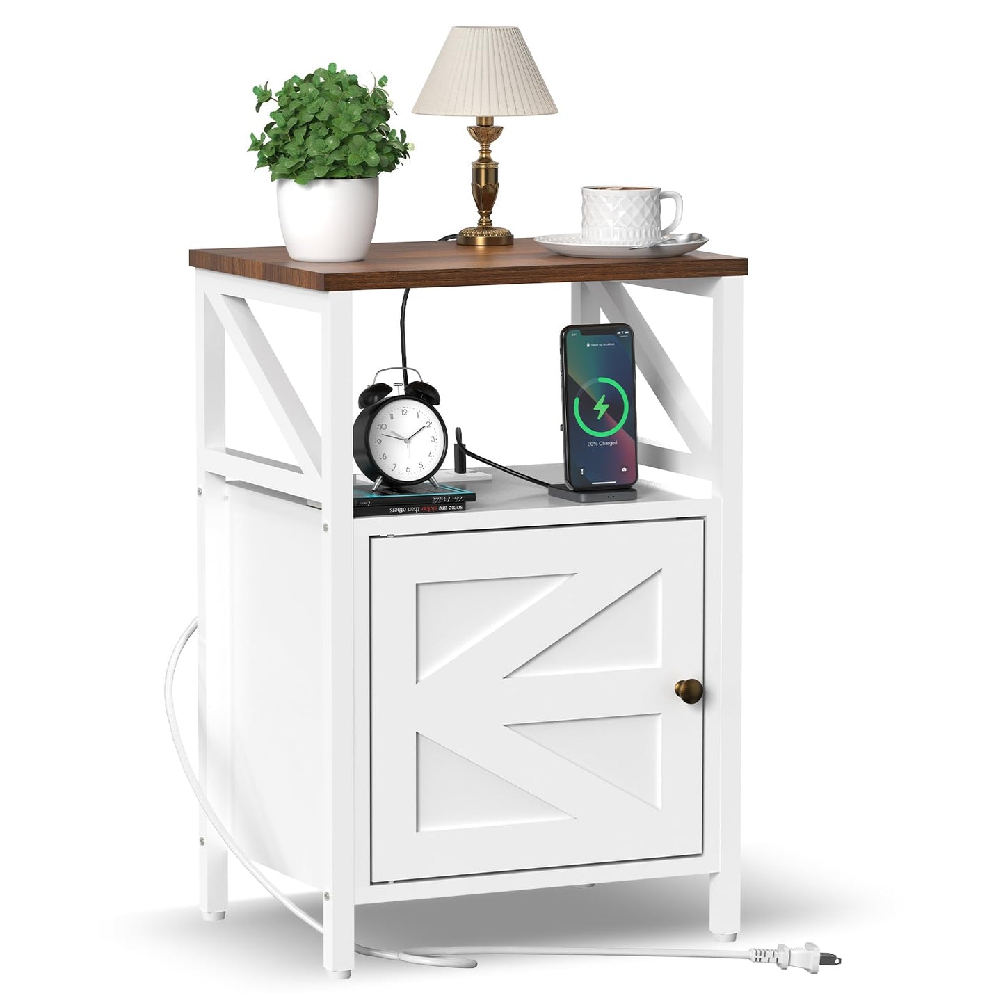 Farmhouse-Bed-Side-Table with Charging Station & Storage Shelf, White Small Nightstand with Barn Door for Bedroom Living Room, Modern Wood Sofa Couch End Table with Power Outlet & USB Ports - WoodArtSupply