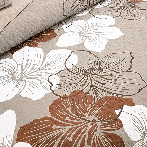 DJY 3 Pieces Quilt Set King Taupe Floral Pattern Quilt Coverlet Set Boho Floral Bedspread with 2 Pillow Shams Elegant Flower Bedding Quilt Set for All Season (Brown, 104"x 90") DJY