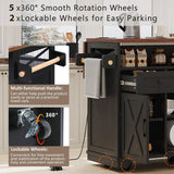 46.5'' Farmhouse Kitchen Island with Drape of Beads, Power Outlet, Rolling Kitchen Cart on Wheels with Drop Leaf, 3 Doors , 3 Drawers and Internal Iron Shelf, for Kitchen, Dining Room, Black HomeGearTech