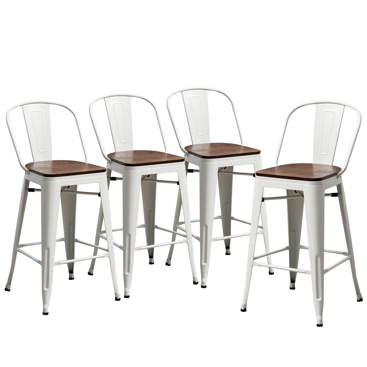 Yongqiang Metal Bar Stools Set of 4 Kitchen Island Counter Height Bar Stools High Back Farmhouse Barstools with Large Wooden Seat 24 inch Cream White Yongqiang