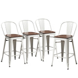 Yongqiang Metal Bar Stools Set of 4 Kitchen Island Counter Height Bar Stools High Back Farmhouse Barstools with Large Wooden Seat 24 inch Cream White Yongqiang