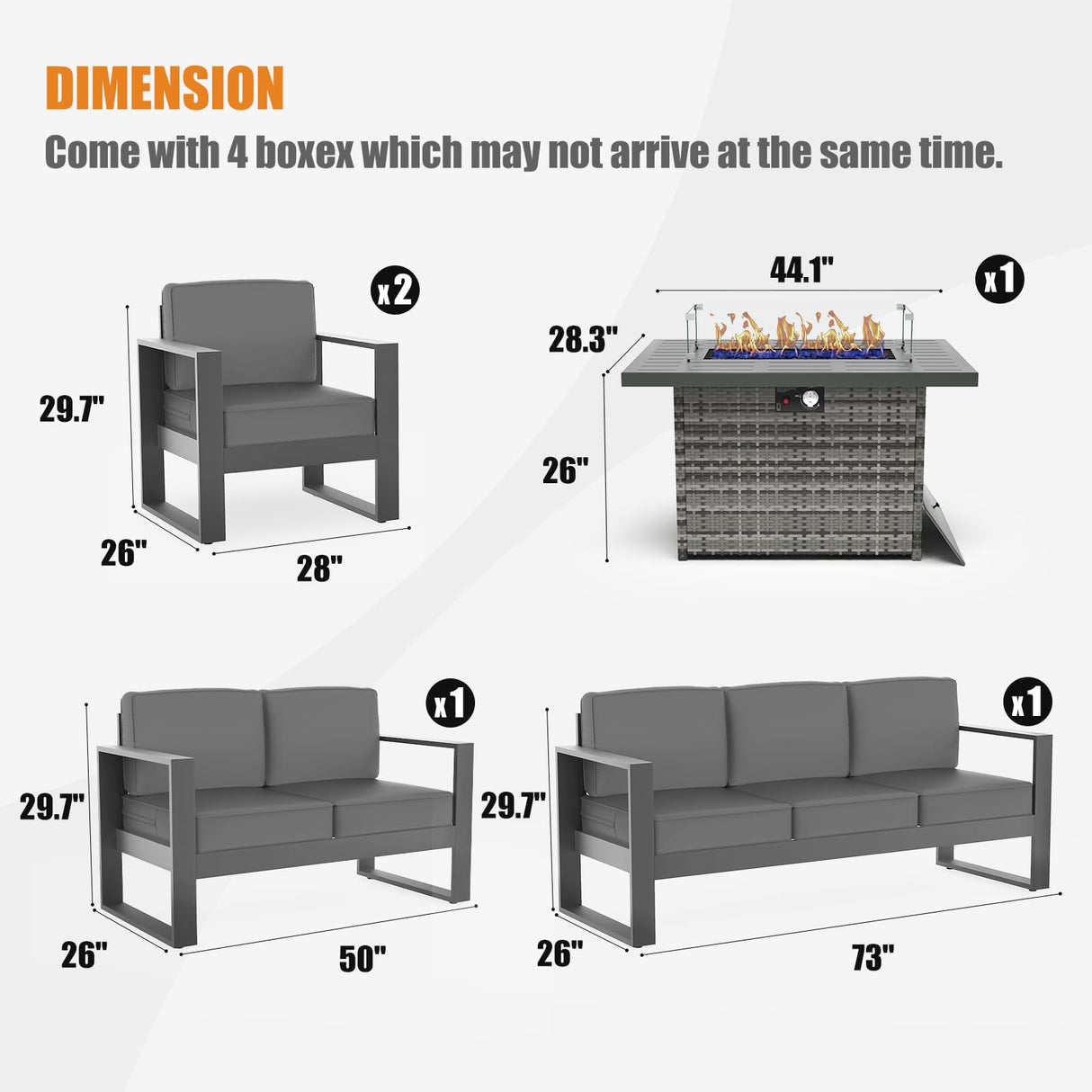 KHOLH 5 Piece Modern Aluminum Patio Furniture Set with Fire Pit Table, Outdoor Patio Sectional Conversation Metal Seating Sets with Olefin Cushion KHOLH