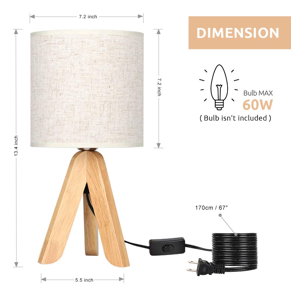 HAITRAL Small Bedside Table Lamp - Wooden Tripod Nightstand Lamp for Bedroom, Living Room, Office, Home with Fabric Linen Shade - 13.4 Inches (Without Bulb) - WoodArtSupply