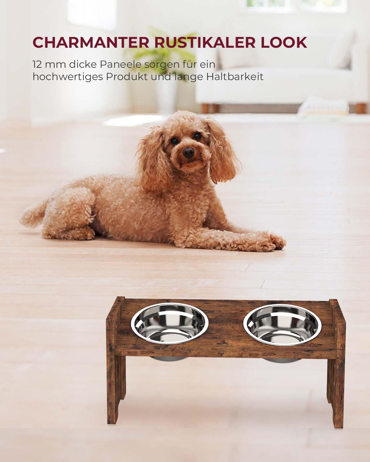 Vantic Elevated Dog Bowls - Adjustable Raised Dog Bowls for Small Dogs and Cats, Sturdy Rustic Brown Particle Board Dog Food Bowl Stand with 2 Stainless Steel Bowls and Non-Slip Feet - WoodArtSupply