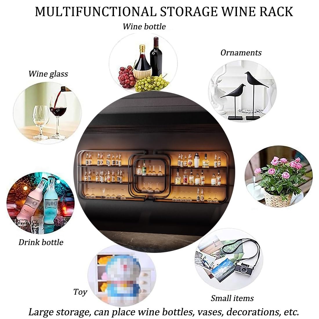 Large Wine Storage Rack Wall Mounted With LED Light With Wine Glass Holder, Heavy Duty Iron Bar Liquor Shelf,Floating Wall Wine Shelves,Bar Liquor Bottle Display Shelf For Kitchen Bar Decoration(350*1 IRHIGBGX