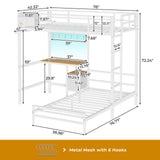 DICTAC Twin Size Bunk Bed with Desk and Charging Station Metal Loft Bed with Led Lights & Storage Shelves and Drawers L-Shaped Twin Over Twin Size Bunk Bed for Teen,Safety Guardrail and Ladder,White DICTAC