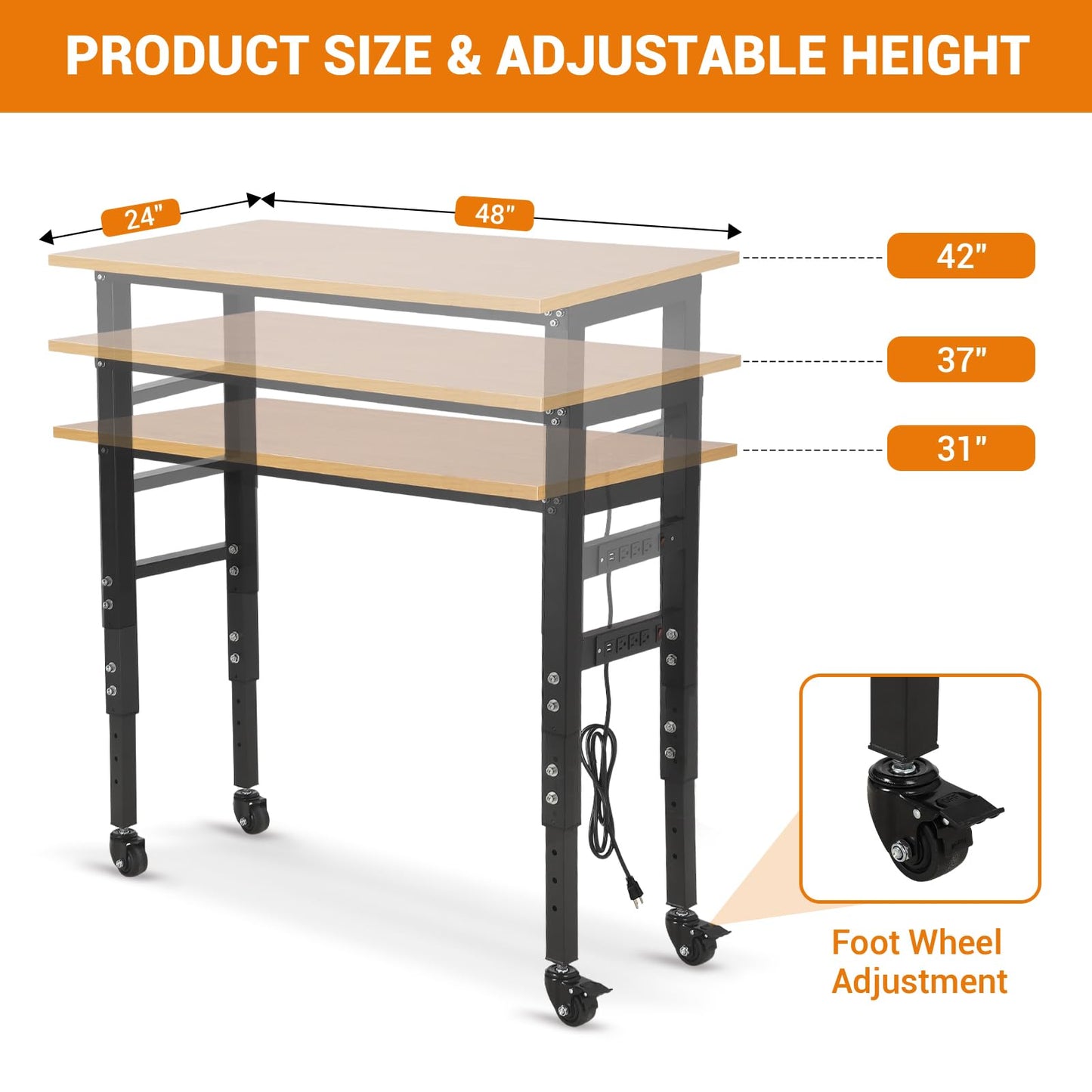 GarveeTech 48" Adjustable Height Workbench with Wheels, 48" x 24" Work Bench with Power Outlet, 2000LBS Load Capacity Workbench, Heavy Duty Workbenches for Garage