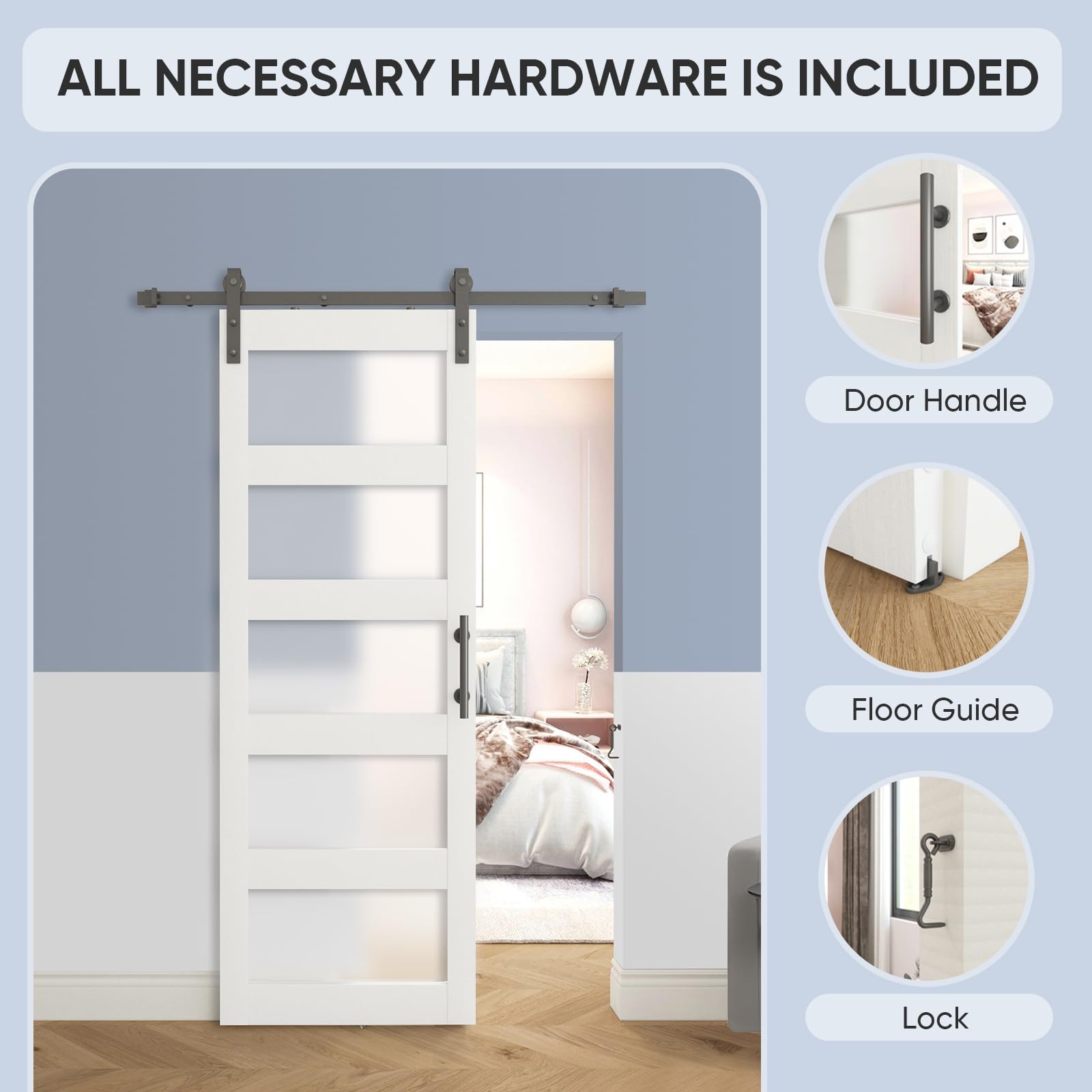 BARNSMITH 30in x 84in Glass Barn Door with 5FT Sliding Door Hardware Kit Included & Handle & Lock,5-Panel Frosted Glass Barn Door Solid Wood Water-Proof PVC Surface,Pre-Drilled Easy Assembly, - WoodArtSupply