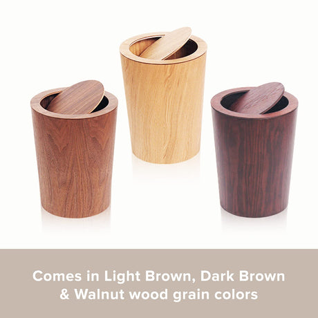 Modern Round Trash Can with Lid,Solid Real Wood Waste Basket in Walnut,8L/2.1Gal,9.25"x7.5"x11.8" Swing Top Small Trash Can, Living Room, Office & Bathroom Farmhouse Loft Wooden Style Primo Supply