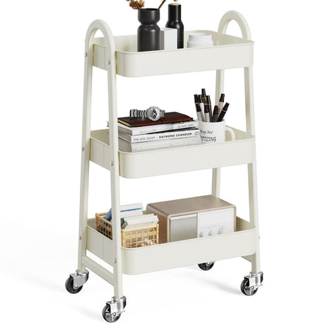 OLIXIS 3 Tier Utility Rolling Cart, Metal Mobile Storage Shelf with Lockable Caster Wheels, Organization for Livingroom, Bathroom, Kitchen, & Narrow Places, White OLIXIS