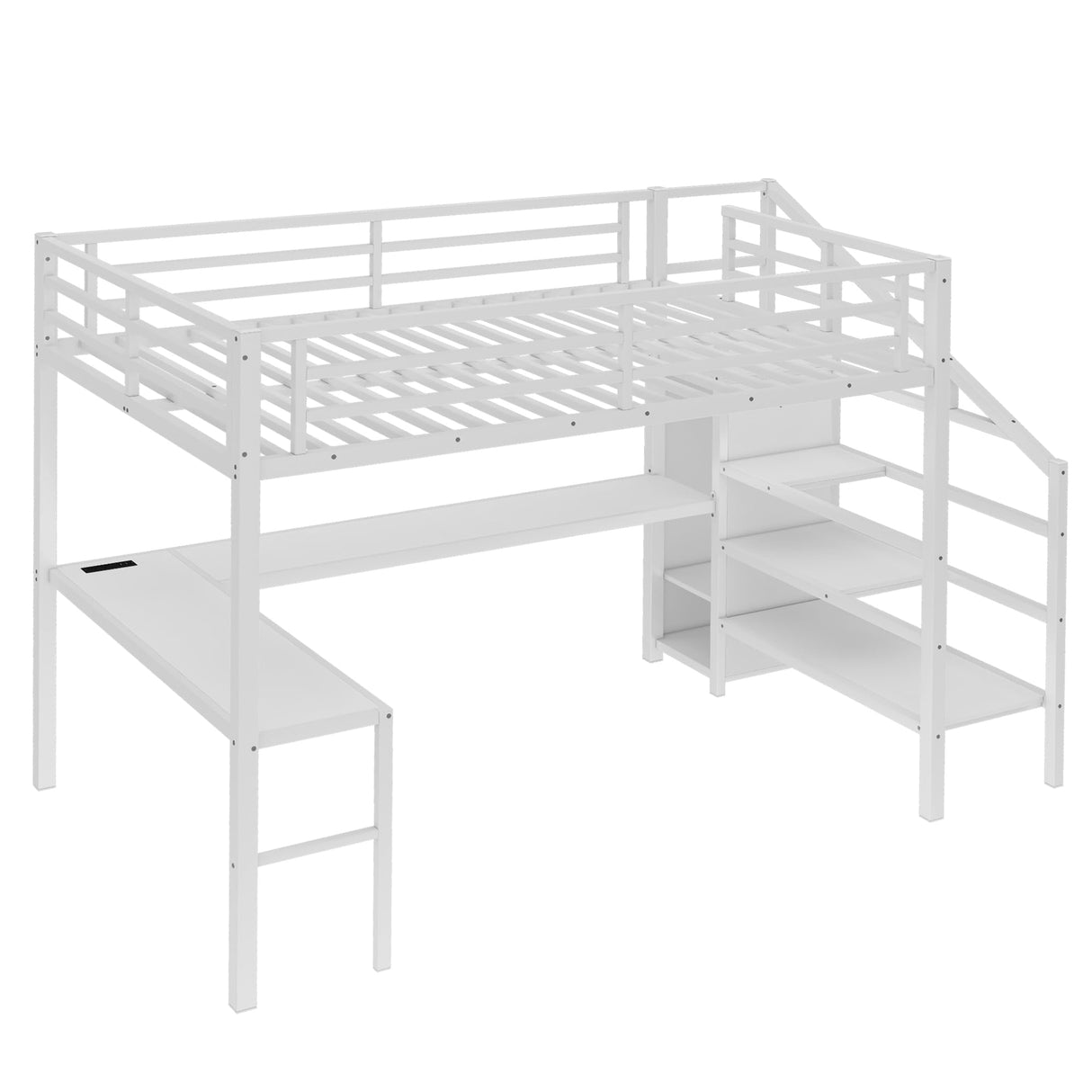 Bellemave Queen Loft Bed with Desk & Wardrobe, Heavy Duty Metal Loft Beds with Storage Stairs, LED Loft Bed Queen Size with Charging Station & Safety Guardrails, No Box Spring Needed, White Bellemave
