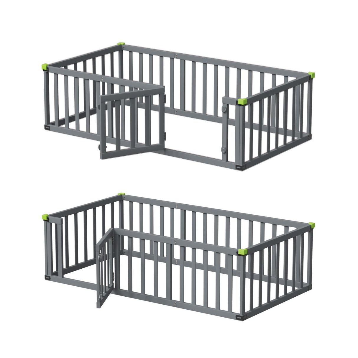 ROOMTEC Twin Size Montessori Floor Bed - Solid Wood Toddler Bed Frame with Convertible Door and Safety Fence in Grey ROOMTEC