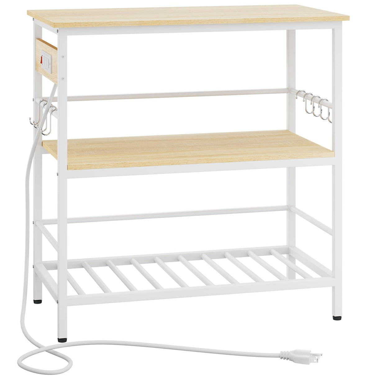 IBUYKE Kitchen Island with Storage, Bakers Rack with Power Outlet,Microwave Stand with Large Worktop,Rolling Bar Cart for Home, Outdoor, Kitchen,Light Wood TMJ029R IBUYKE