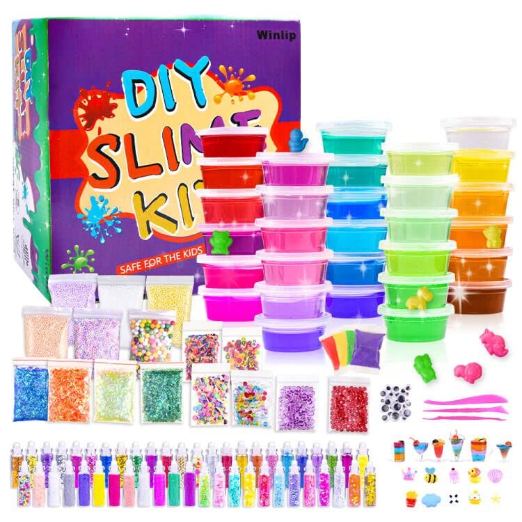 Slime Supplies Kit, 135 Pack Slime Making Kit 30 Crystal Slime, Glitter Jars, Charms, Sugar Paper, Foam Beads, Fishbowl Beads, Toy Cups, Slices, Air Dry Clay and Tools for Kids Girls by WINLIP WINLIP