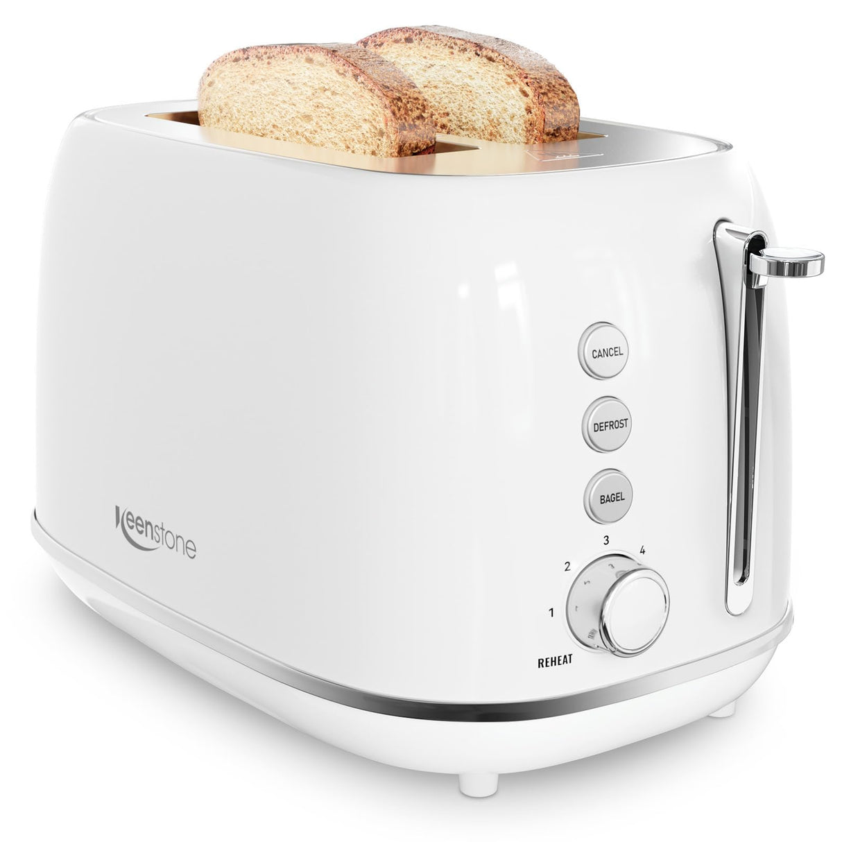 Keenstone Toaster 2 Slice, Retro Wide Slot Stainless Steel Toaster with 6 Browning Levels, Reheat & Defrost, for Bagel, Toast, Bread, Kitchen Essentials, Removable Crumb Tray, White Keenstone