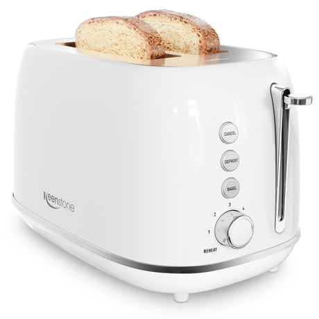 Keenstone Toaster 2 Slice, Retro Wide Slot Stainless Steel Toaster with 6 Browning Levels, Reheat & Defrost, for Bagel, Toast, Bread, Kitchen Essentials, Removable Crumb Tray, White Keenstone