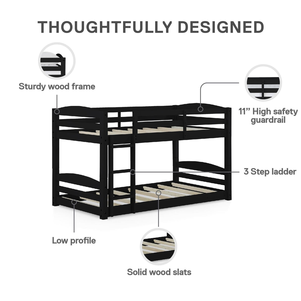 DHP Phoenix Twin Bunk Bed with Ladder, Black, Space-Saving Design, Solid Wood Construction DHP