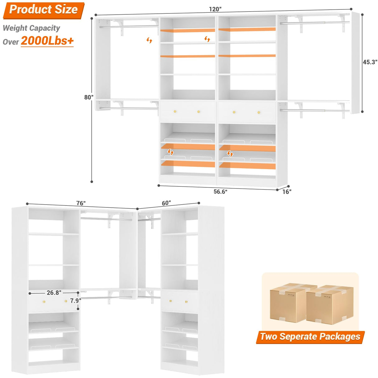 [10 FT Closet System] Reversible Set of 2 Wood Closet Organizer System with 2 Drawers, 4 Hanging Rods Adjustable Shelf, Walk In Closet Organizers with Shoe Rack, Garment Rack Clothes Rack, White Besiost