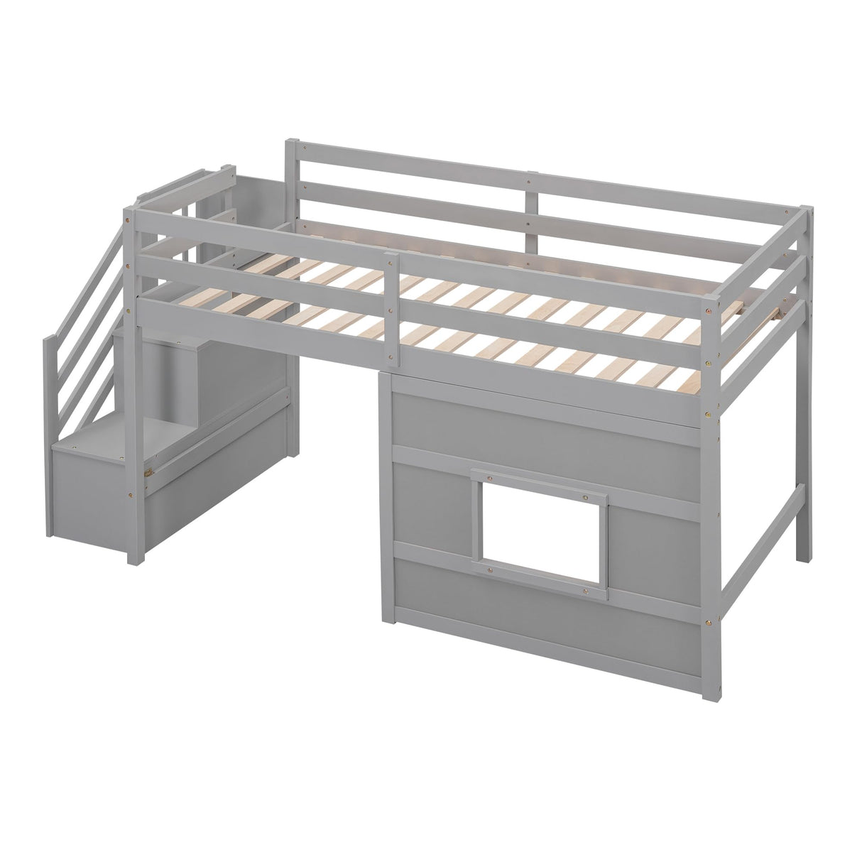 Bellemave Twin Size Low Loft Bed with Storage Stairs, Gray Wood Frame for Kids Bellemave