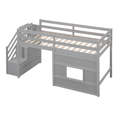 Favfurish Twin Size Grey Loft Bed with Storage Staircase and Playful Window Design - WoodArtSupply