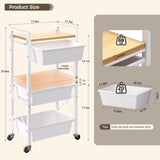 3 Tier Rolling Utility Cart with Drawer, Plastic Drawer Storage Snack Craft Book Cart with Lockable Wheels & Wood Tabletop, Metal Shelf Storage Organizer Cart for Kitchen, Bedroom, Office, White Time Forest