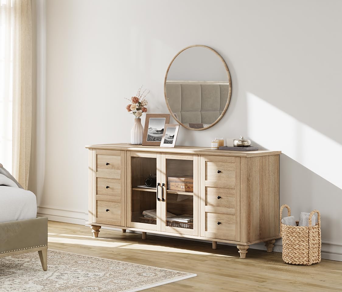 WAMPAT Glass Door Farmhouse TV Stand for TVs Up to 75 inch, Wood Universal TV Console Table with 4 Storage Cabinets, Entertainment Center for 32-75 inch TV Console Cabinet, 58'',Oak WAMPAT